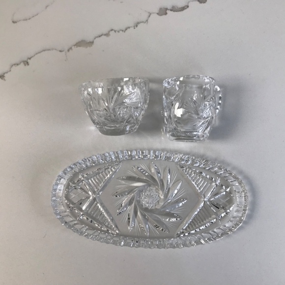 Vintage Pin Wheel Cut Crystal Cream and Sugar on Tray  Set of 3 - Picture 2 of 4